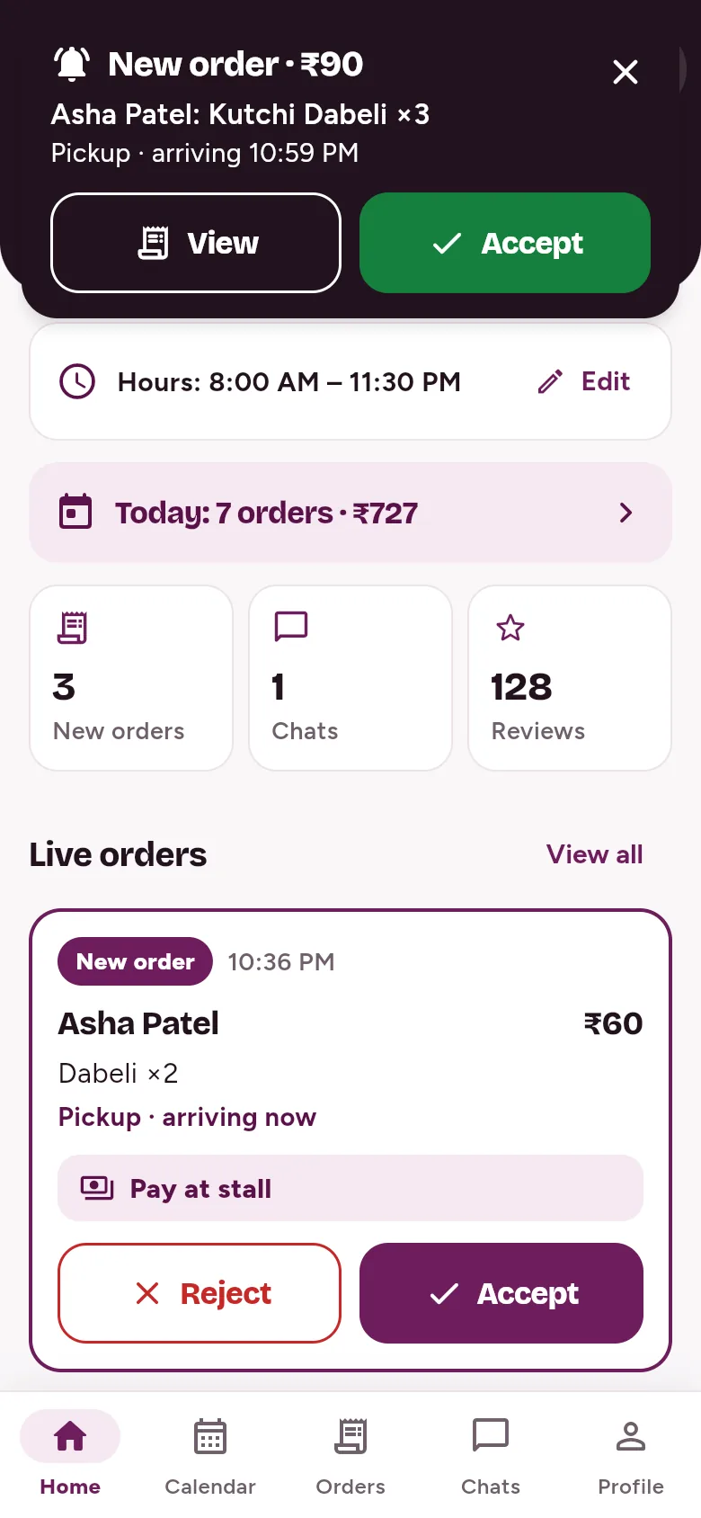 Stall owner app: a new order banner, ‘New order, ₹90, Asha Patel: Kutchi Dabeli ×3’, with View and Accept buttons