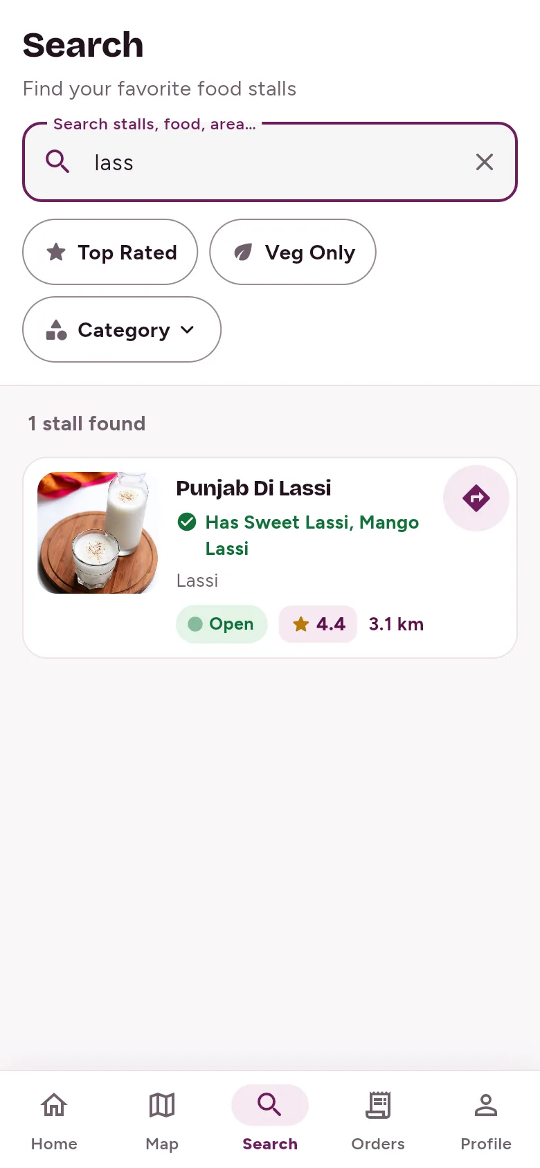 Search for ‘lass’ finding Punjab Di Lassi, open now and 3.1 km away, with Top Rated, Veg Only and Category filters