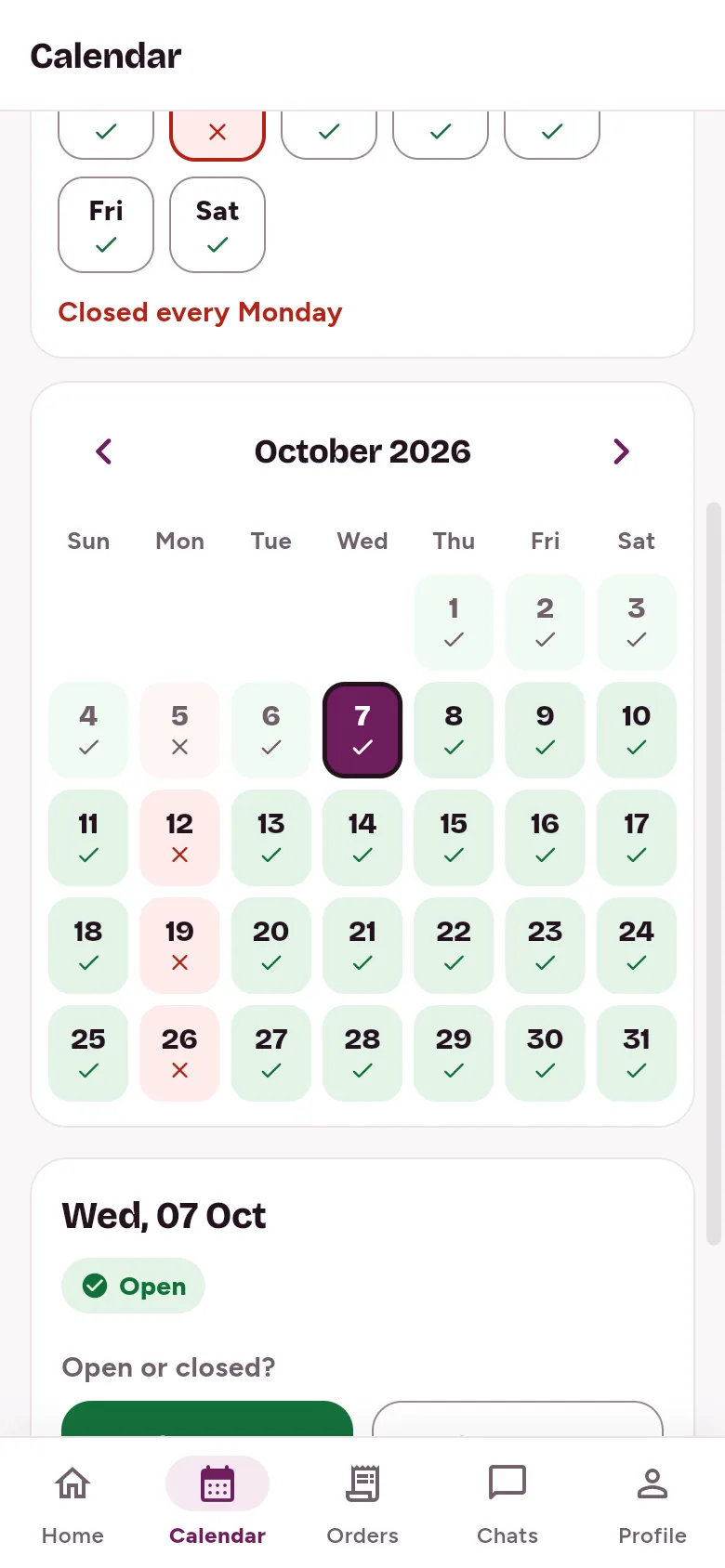 Stall owner’s calendar: ‘Closed every Monday’, and October with open days ticked and Mondays crossed out