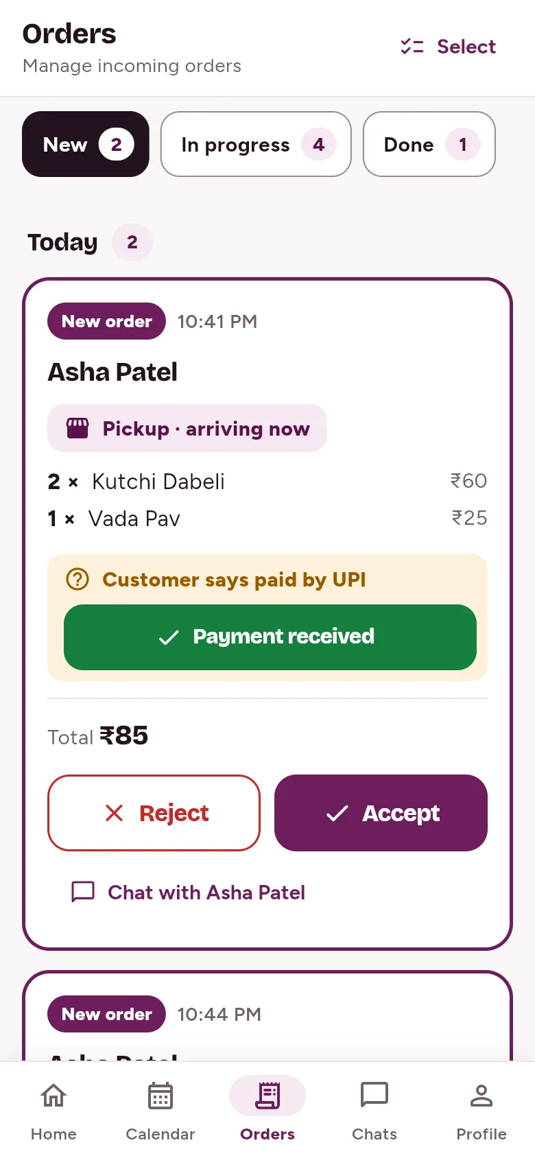 Orders screen with New, In progress and Done tabs, and a new pickup order marked ‘Customer says paid by UPI’ with a Payment received button
