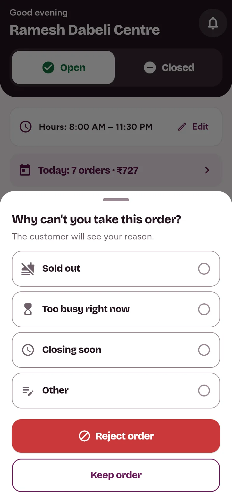 ‘Why can’t you take this order?’ with Sold out, Too busy right now, Closing soon and Other, and Reject order and Keep order buttons